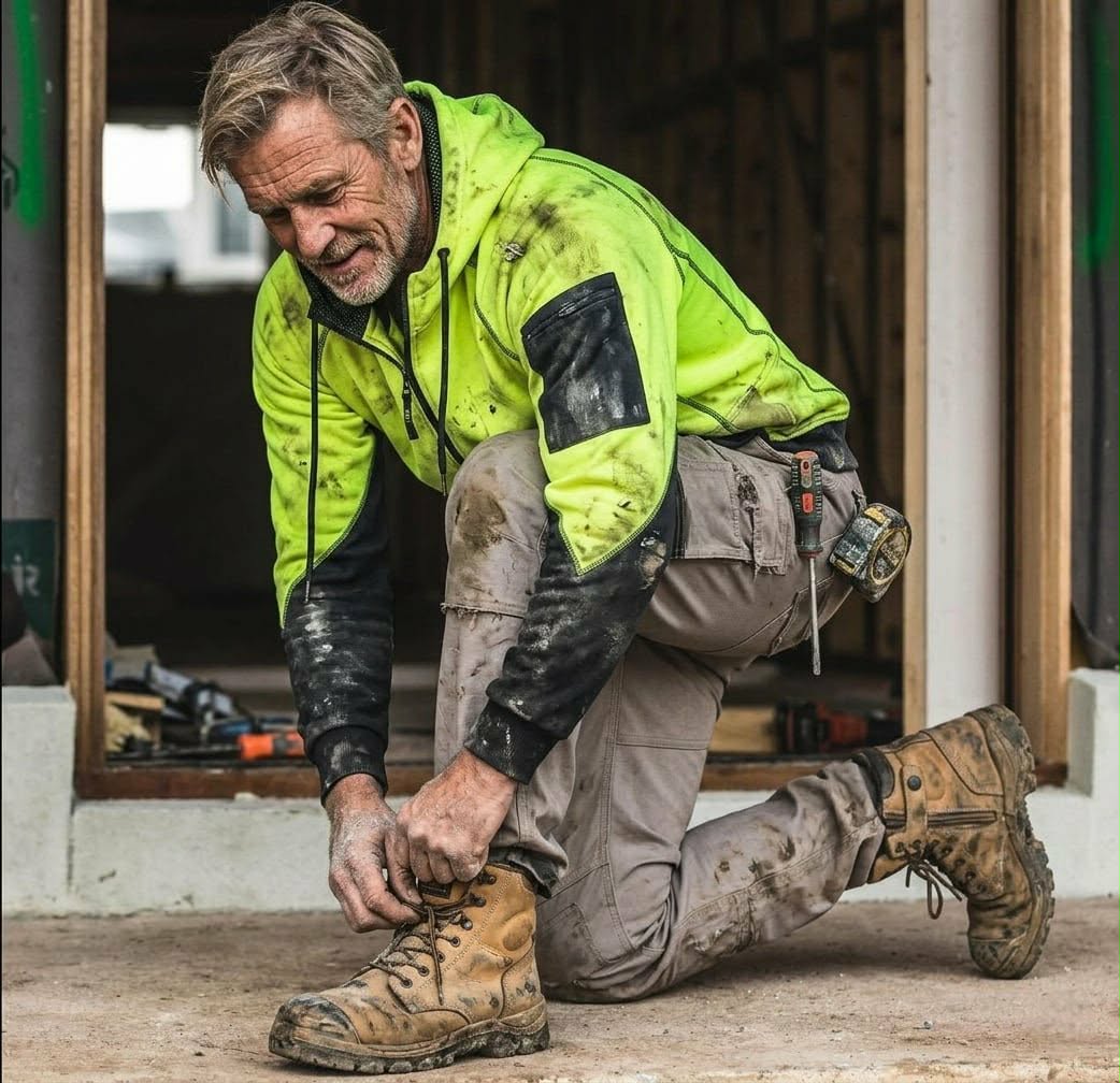 A tradesman bending over in pain while working on a construction site, illustrating back issues.