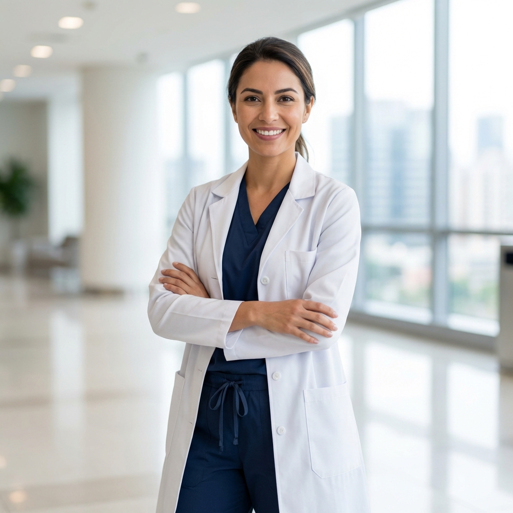 Professional female clinic owner in medical attire smiling warmly
