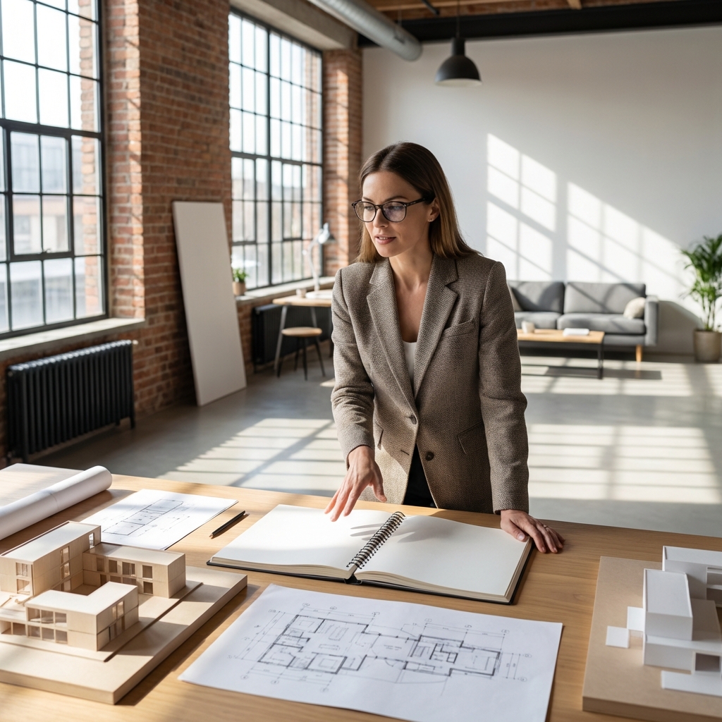 Creative agency director with glasses working in a loft studio