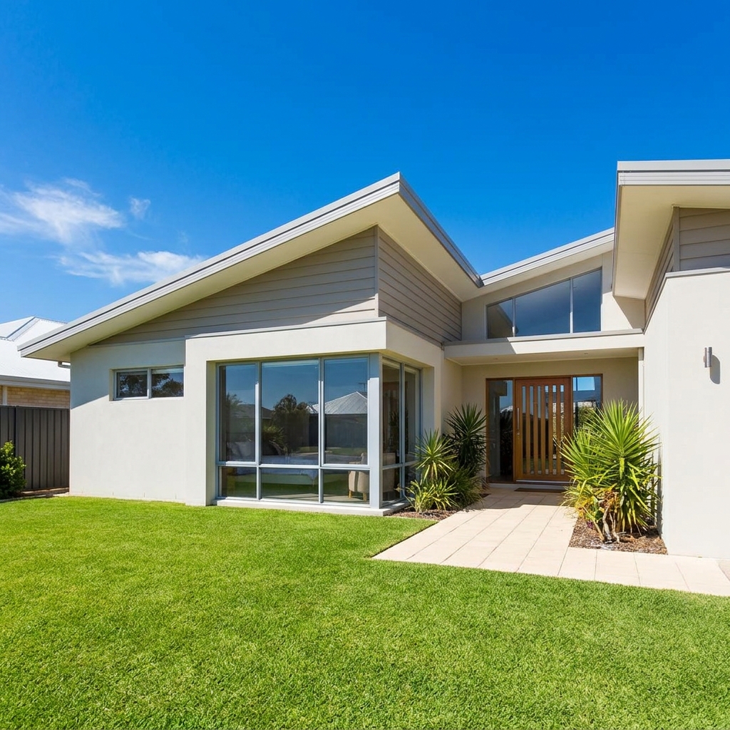 Beautiful modern Australian home exterior with lush green lawn, bright blue sky, and inviting entrance