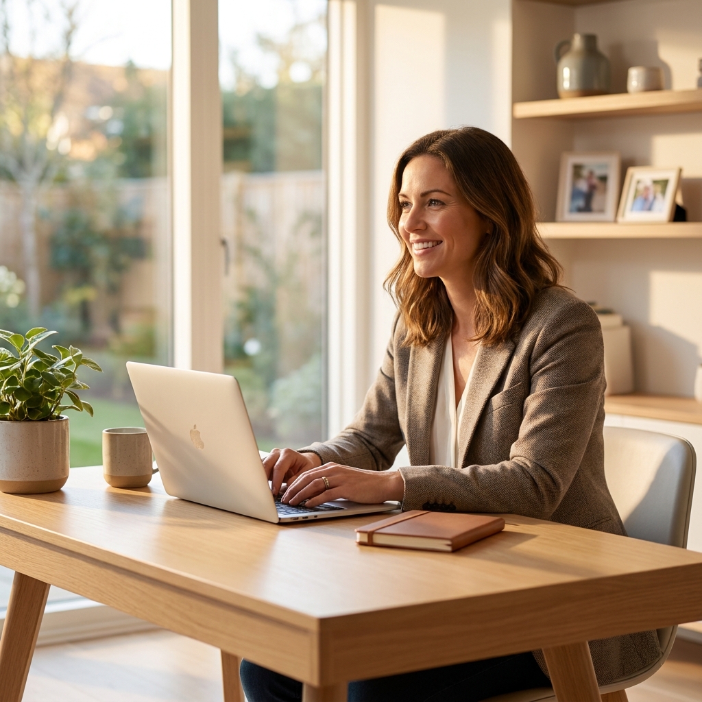 Professional Australian woman in modern bright home office smiling confidently while working on laptop, warm natural lighting