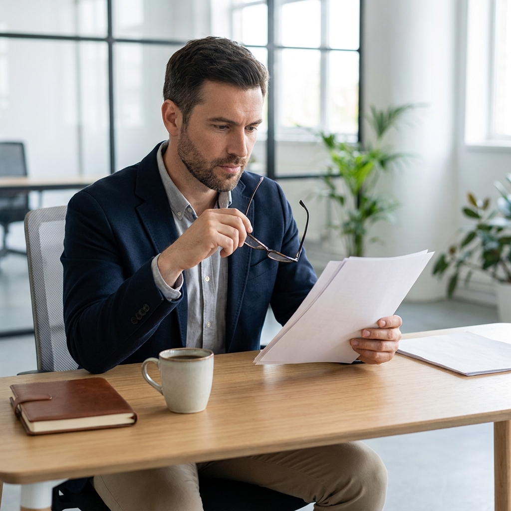 Thoughtful professional reviewing documents at a clean desk with a cup of coffee, calm focused atmosphere