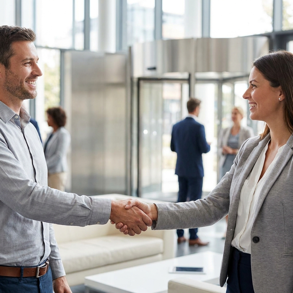Two business professionals shaking hands in a bright modern office setting, positive interaction