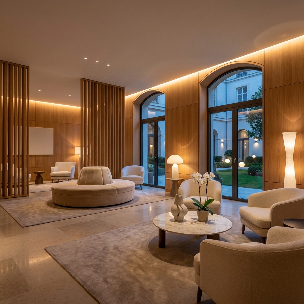 Elegant luxurious medical spa lobby with warm lighting, natural wood accents, and comfortable premium seating