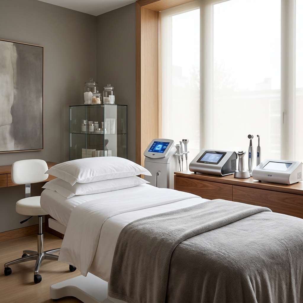 A serene, professional skin clinic treatment room with soft lighting, clean white linens, and modern aesthetic equipment, reflecting a premium beauty experience.