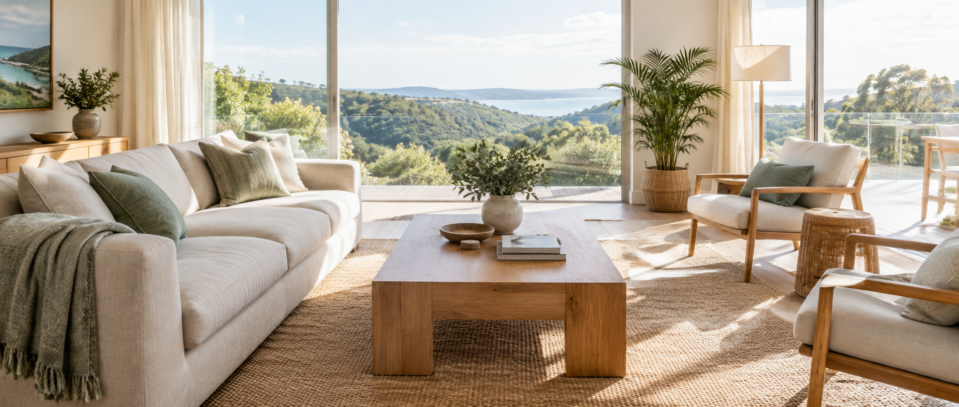 Bright, beautifully styled Australian holiday rental living room with linen sofa, timber coffee table, soft morning light through large windows and a view to green hills