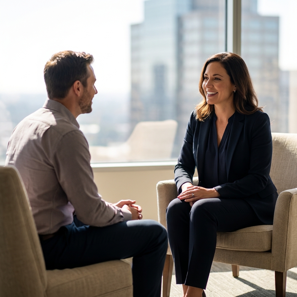A professional psychologist engaged in a warm, welcoming consultation with a client.