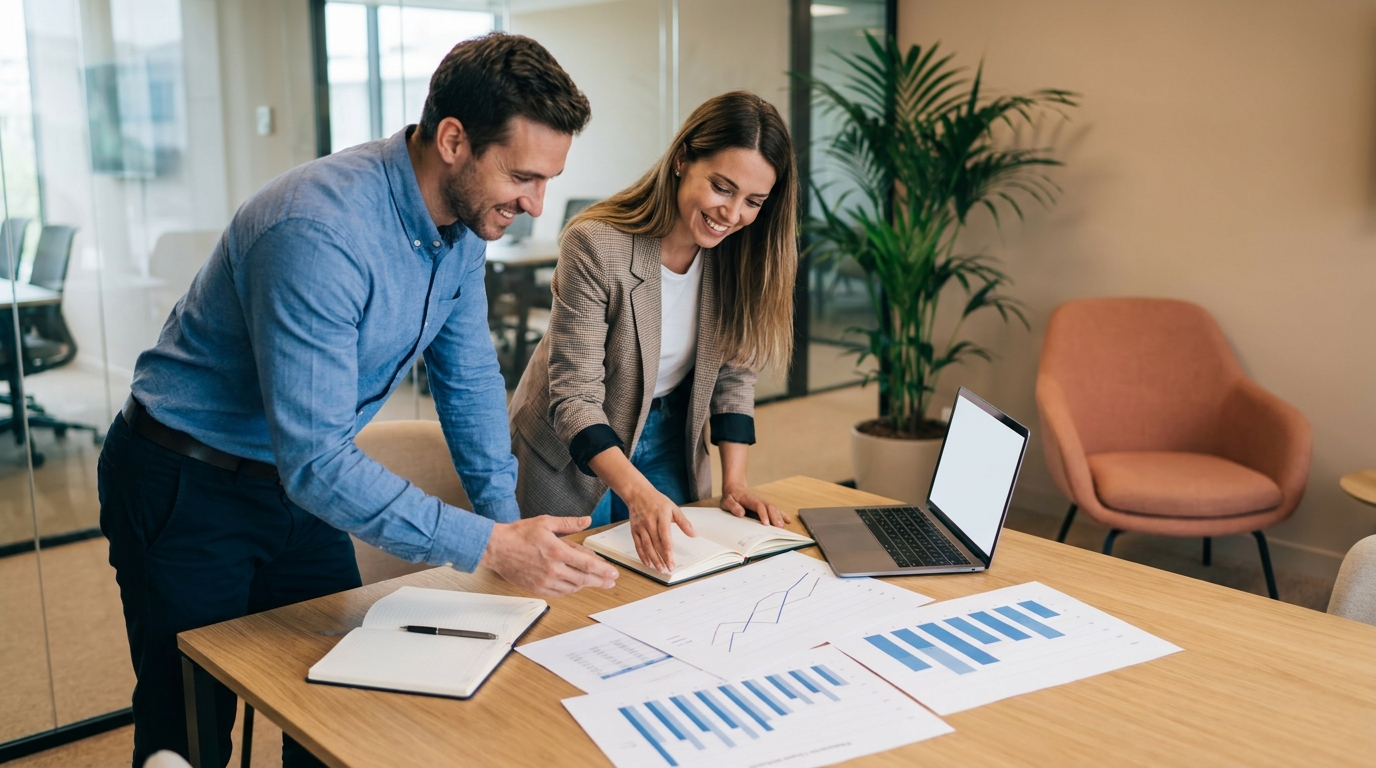 A friendly accounting adviser and a business owner reviewing financial charts together at a light oak desk in a contemporary sunlit office, an open laptop and neatly arranged documents between them, warm neutral interiors, natural candid expressions, subtle orange furnishings, premium editorial photography
