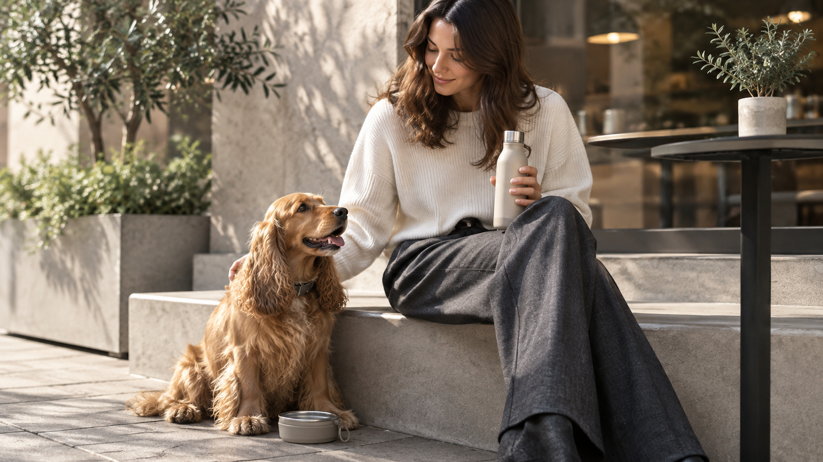 Editorial lifestyle photograph of a stylish woman in a cream knit top and relaxed charcoal trousers seated outside a minimalist urban cafe with her golden cocker spaniel, holding a sleek neutral stainless steel water flask beside a small detachable drinking bowl, soft morning sunlight, warm concrete, muted olive foliage and natural candid composition