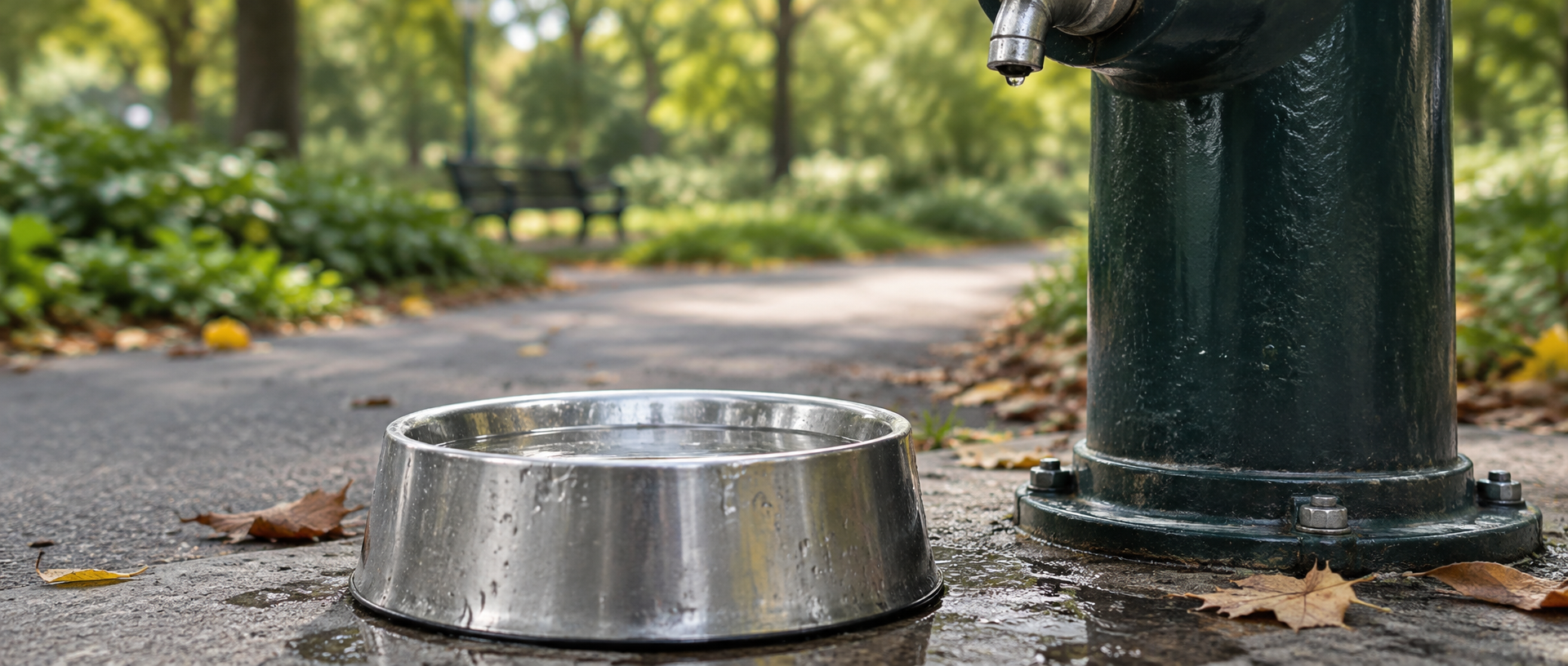 Close-up editorial photograph of a well-used communal metal dog water bowl on a city park path beside a public drinking fountain, a few fallen leaves and water splashes, softly blurred green park background, realistic understated natural light, no animals drinking