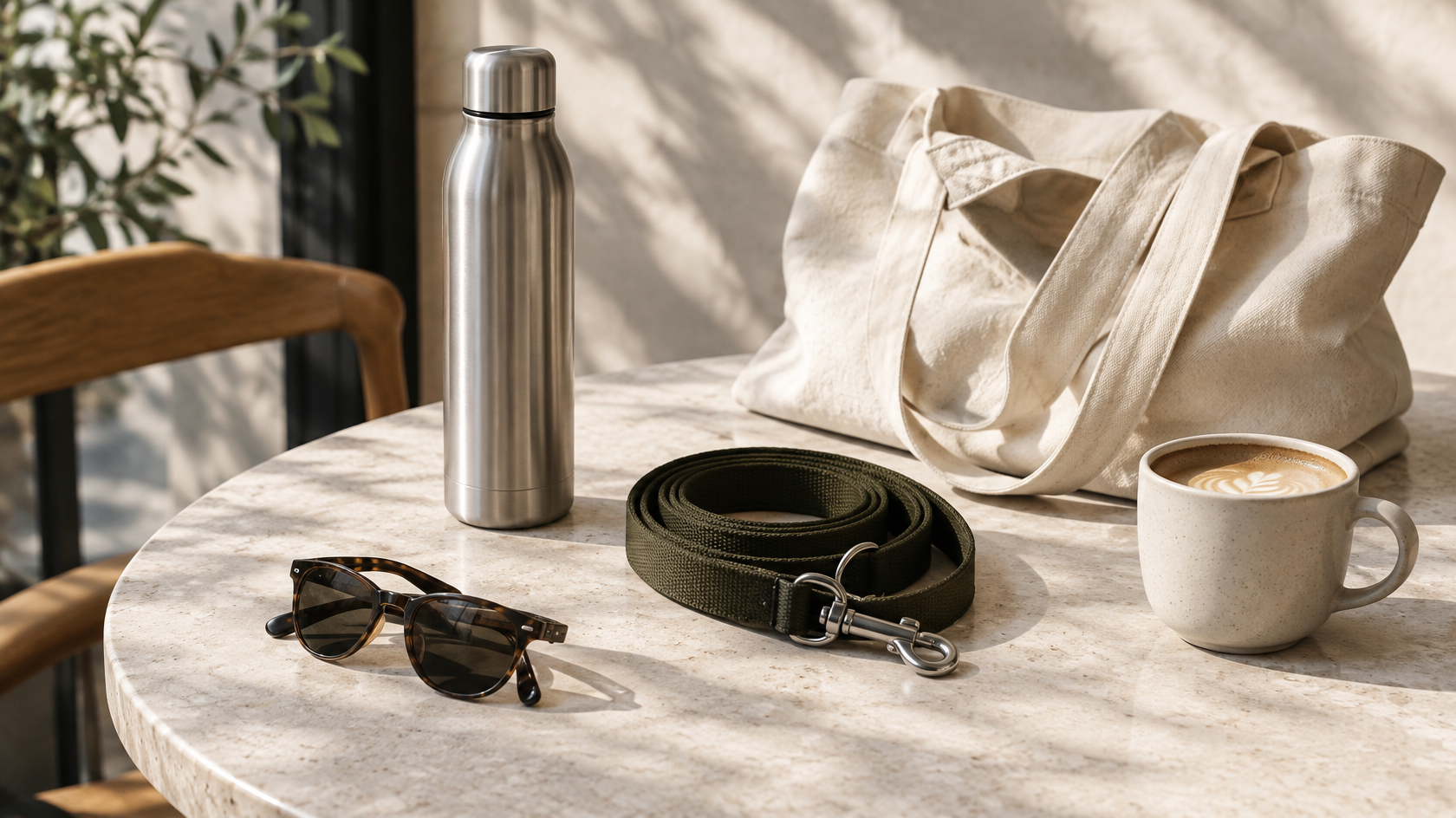 Premium still life on a pale stone cafe table with a minimalist brushed stainless steel flask, cream canvas tote, neatly coiled dark olive dog lead, sunglasses and a ceramic coffee cup, soft window shadows, tactile neutral materials and restrained contemporary editorial styling