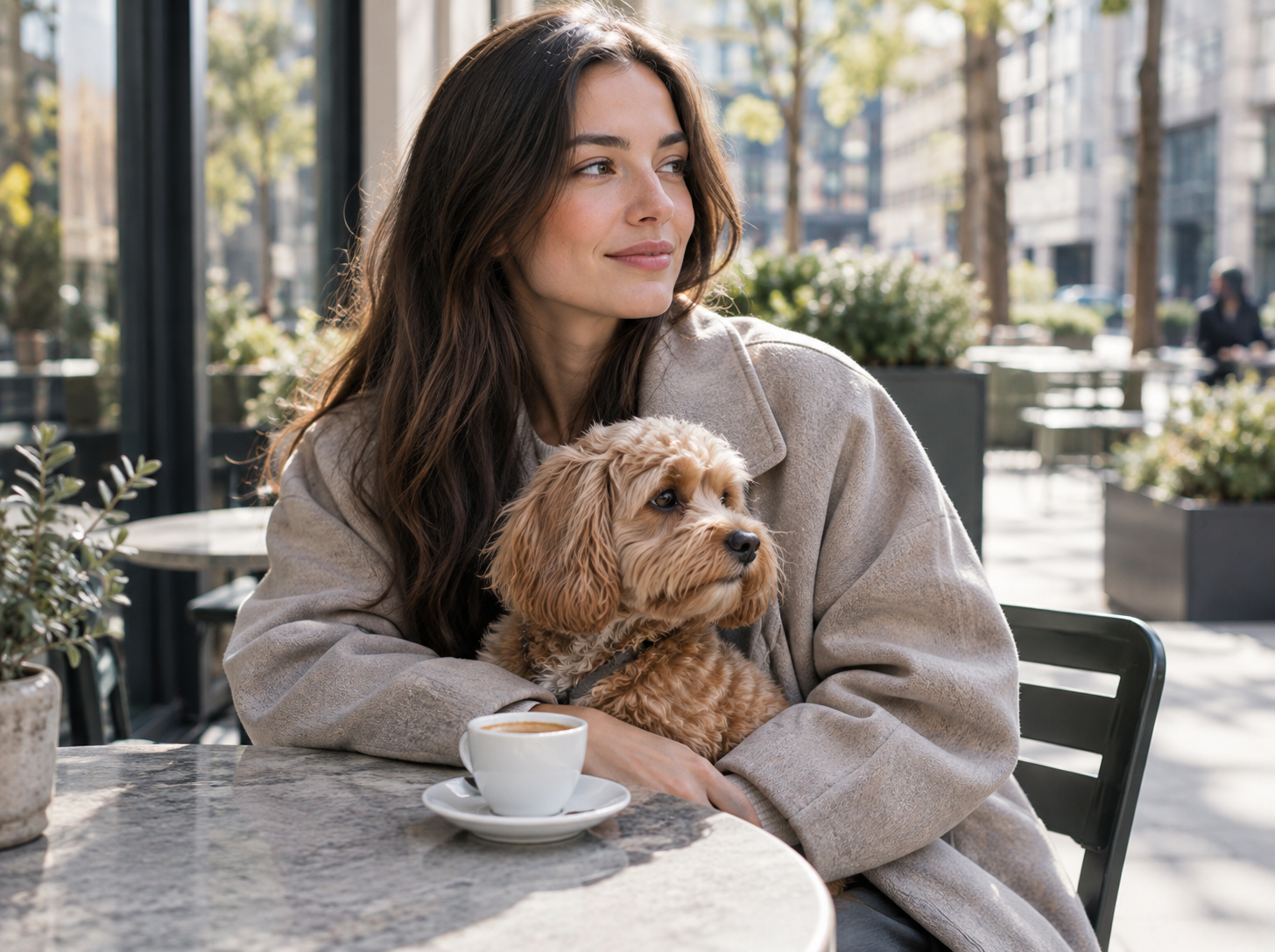 Candid editorial photograph of a young woman in a neutral oversized jacket with a small caramel dog at an outdoor city cafe, ceramic espresso cup on a stone table, soft morning sun, modern urban surroundings and muted natural colors