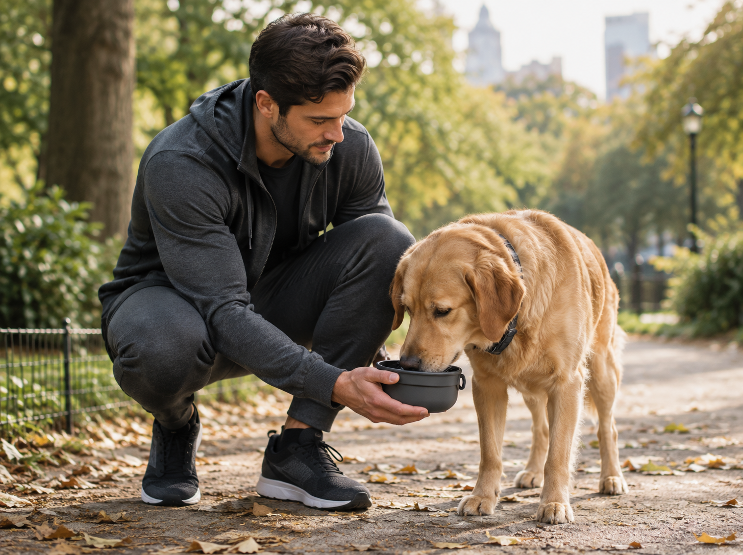 Candid photograph of a stylish man in charcoal activewear crouching beside his sandy-colored dog on a leafy city park path, holding a small drinking bowl for the dog, soft afternoon light and warm neutral editorial color grading