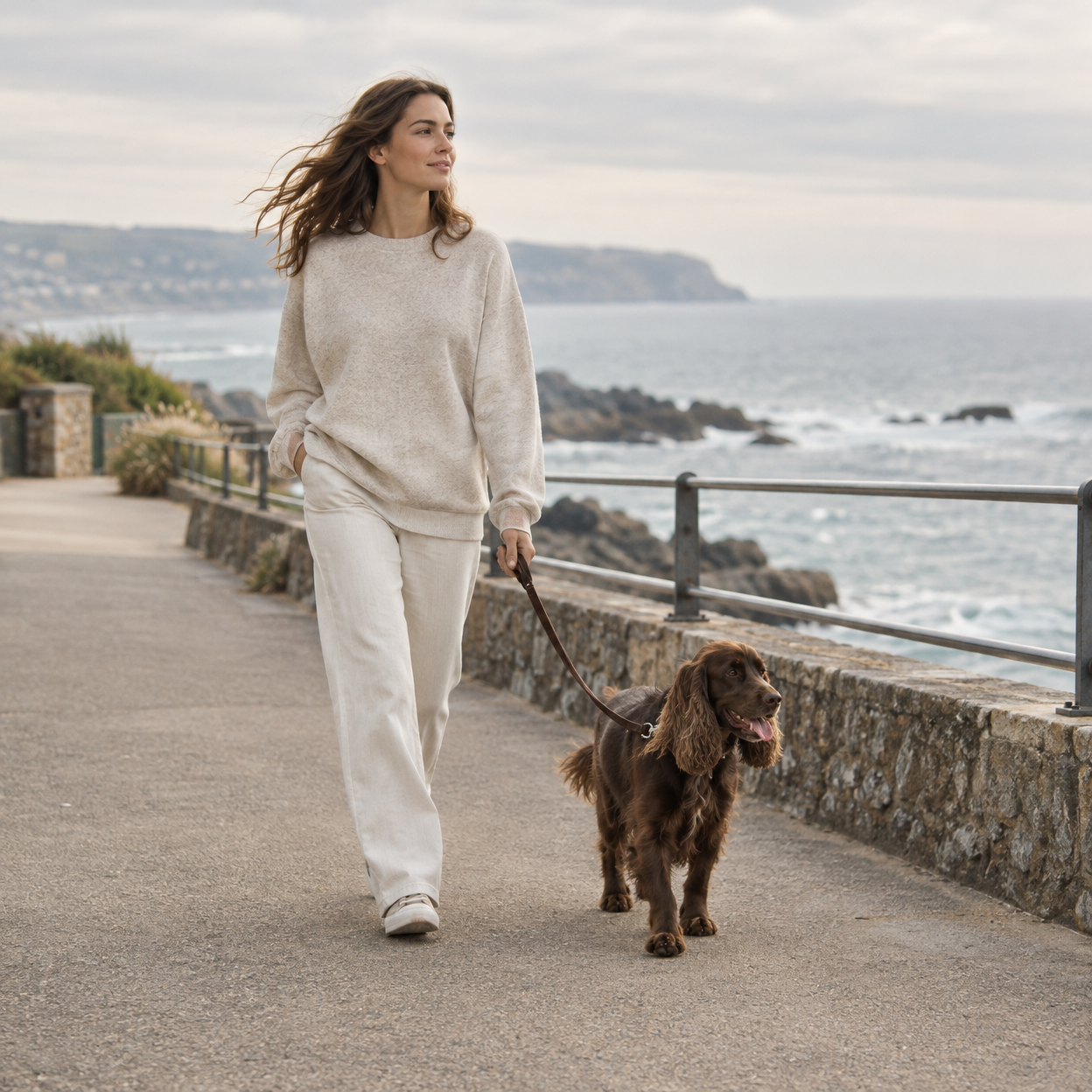 Editorial photograph of a woman wearing an oatmeal sweatshirt walking a brown spaniel along a coastal promenade, natural breeze, distant ocean, relaxed weekend mood and restrained gray beige color palette
