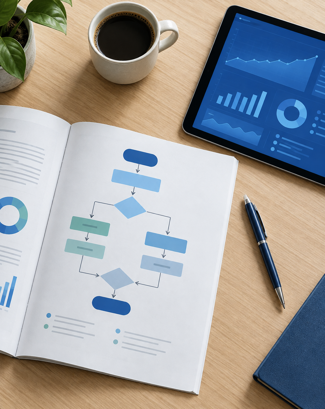 Overhead view of a desk with a printed guide open to a flowchart page, a tablet showing a blue analytics dashboard, a pen and a coffee cup, soft natural light