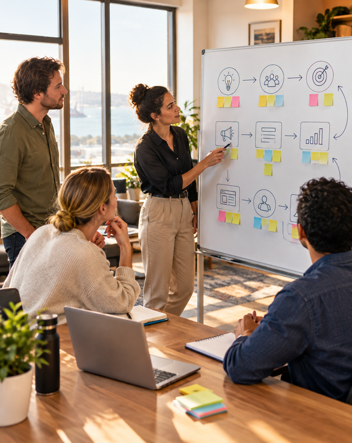 A small Australian business team of four gathered around a whiteboard covered in a marketing process flow with sticky notes and arrows, one person pointing, warm office lighting and large windows