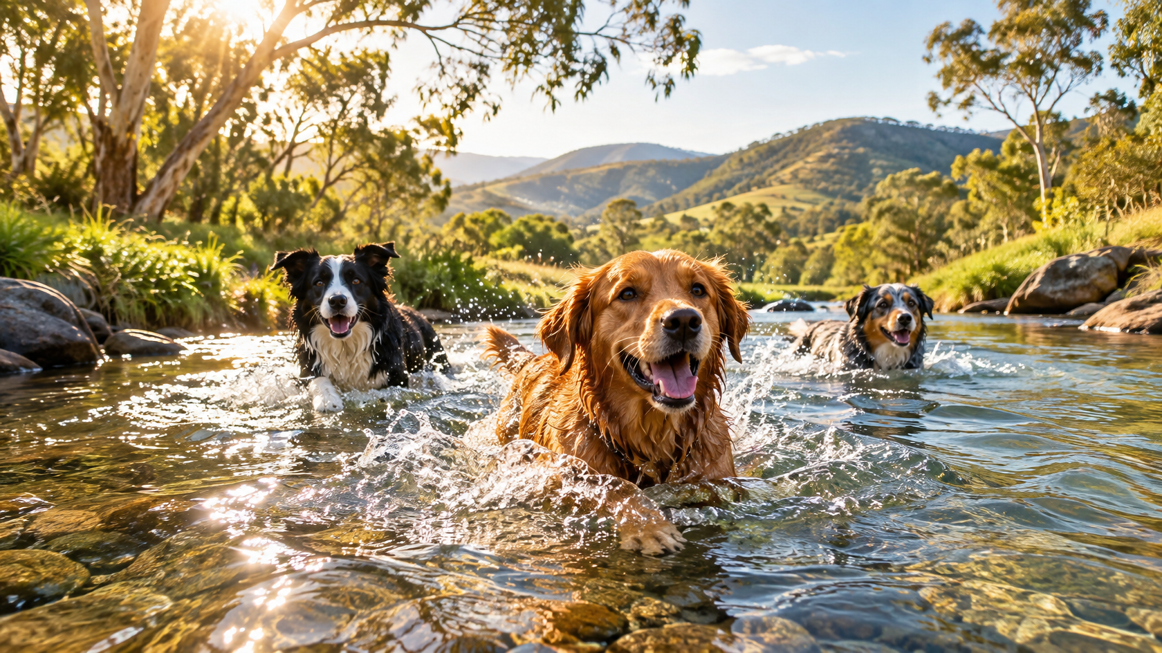 Three happy energetic dogs splashing and swimming through a clear shallow creek surrounded by lush green Australian countryside, warm golden afternoon sunlight filtering through eucalyptus trees, rolling hills in the background