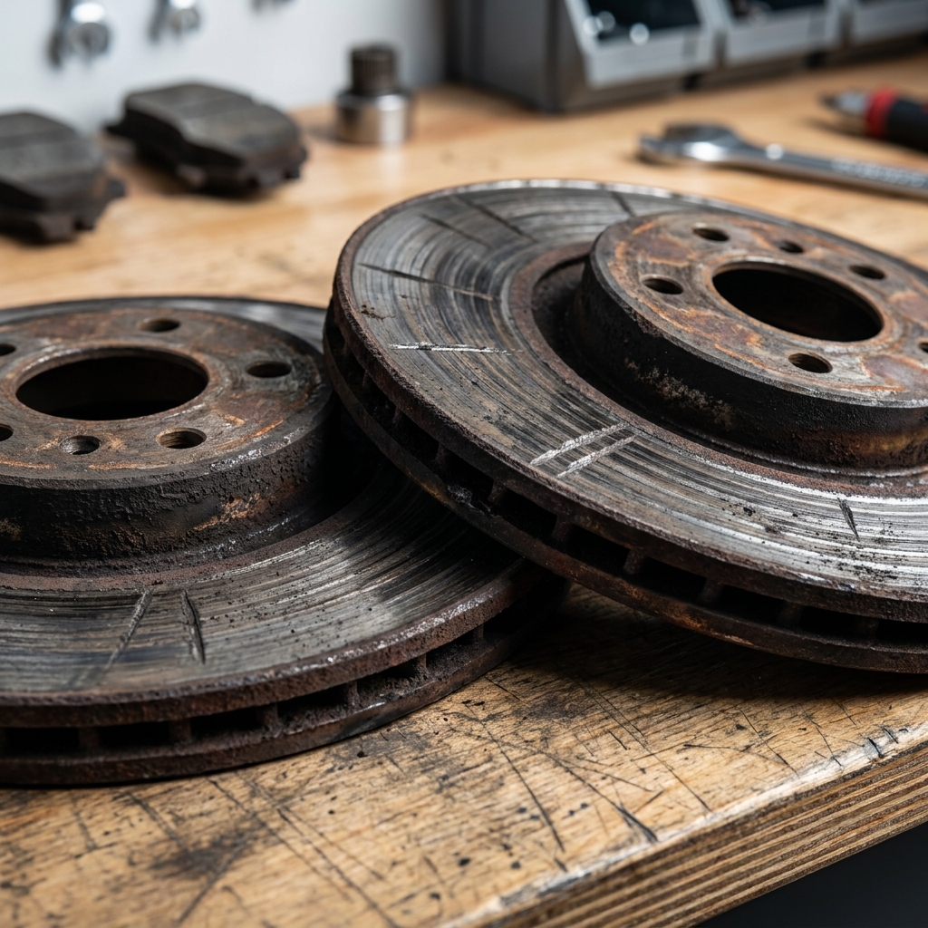 Worn brake rotors showing the cost of delayed maintenance