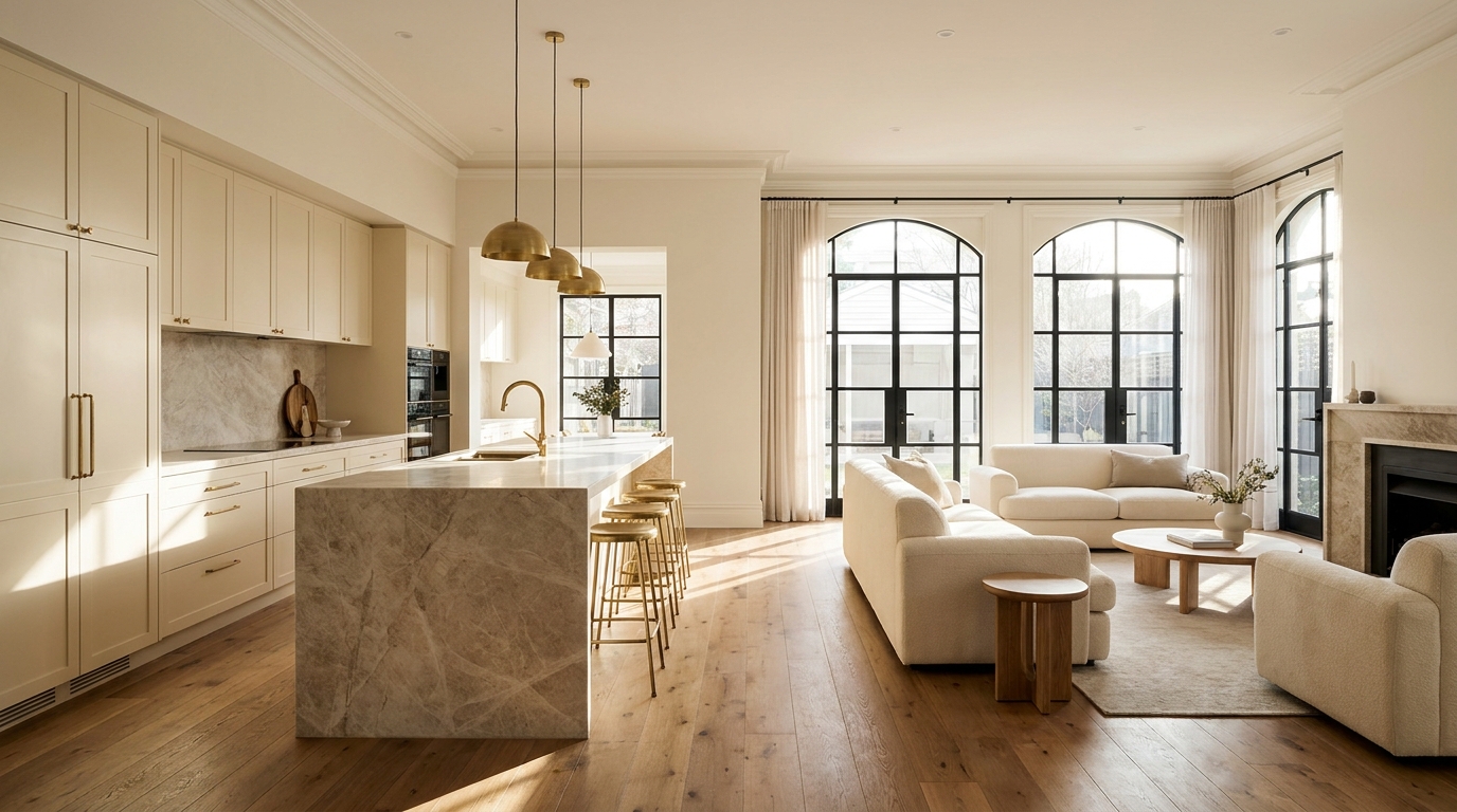 Elegant renovated open-plan kitchen and living space in warm cream and oak tones, marble island bench, brass fixtures, soft natural light streaming through steel-framed windows in a Melbourne period home