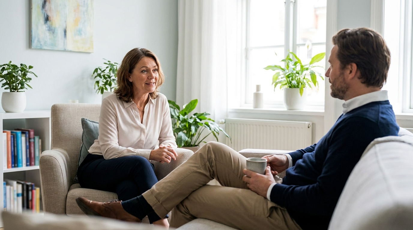 A compassionate psychologist having a supportive, relaxed conversation with an adult client in a bright, welcoming consulting room, emphasizing a safe space for exploration.