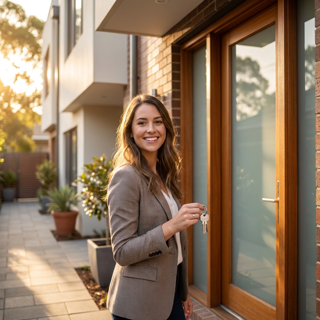Smiling young woman in her late twenties standing in front of a bright modern townhouse doorway, holding a set of house keys, warm afternoon sunlight