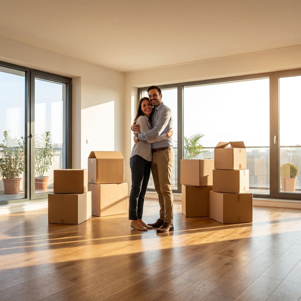Happy young couple embracing in an empty sunlit living room with cardboard moving boxes around them, hardwood floors, large windows