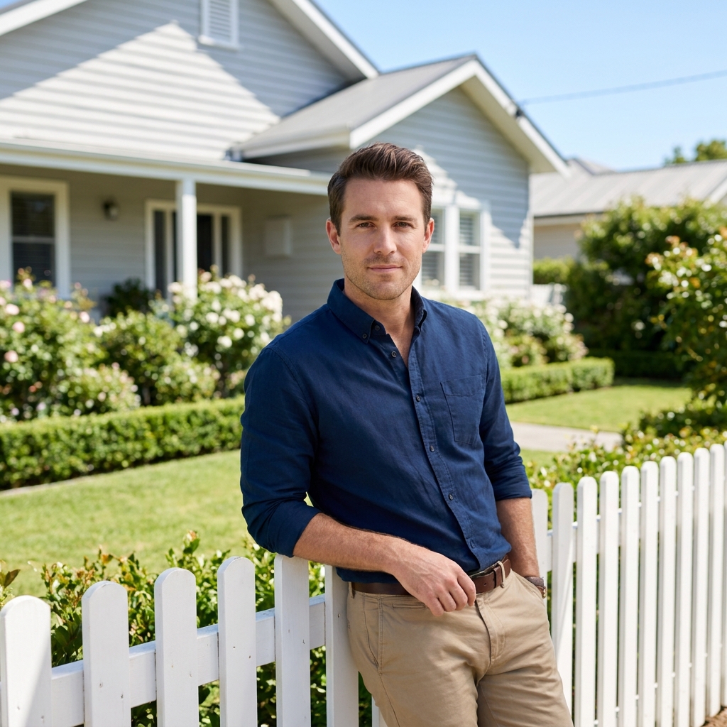 Confident man in his early thirties in a casual shirt leaning against a white picket fence in front of a charming suburban house with a green garden