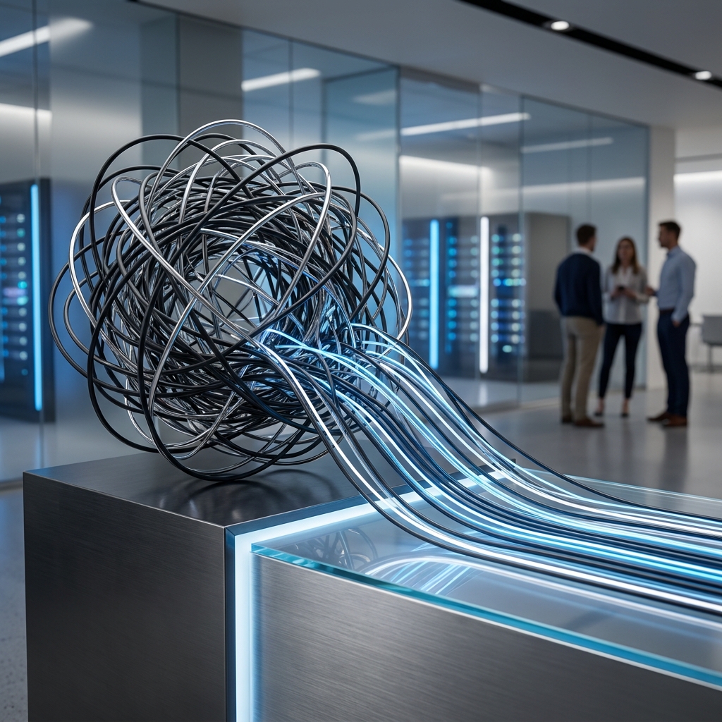 A sophisticated, minimalist abstract representation of a complex, tangled network slowly untangling into clear, straight lines, symbolizing resolving technology chaos.