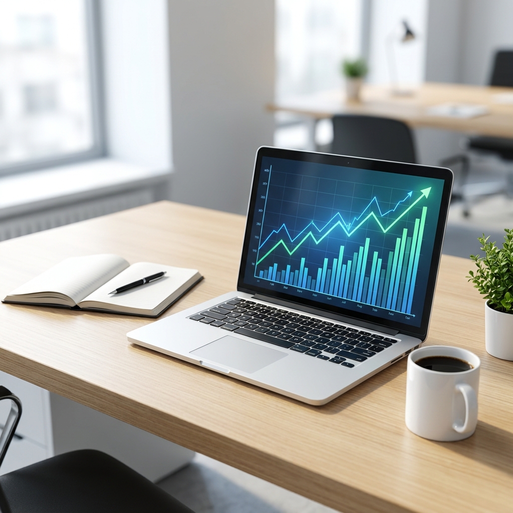 A clean, modern office desk with a laptop displaying growth charts, a notebook, and a cup of coffee, representing a clear, organized approach to business strategy.